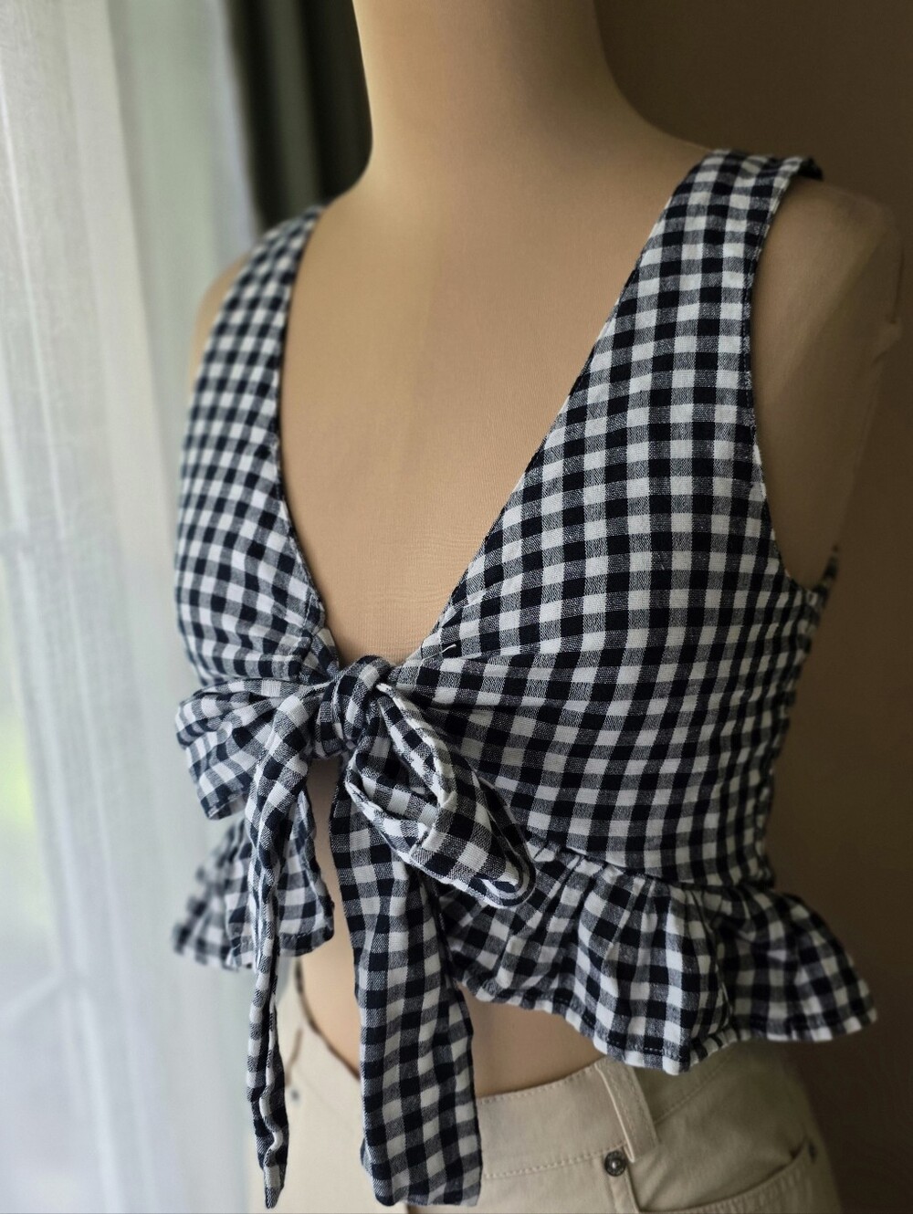 Black and White Gingham Tie-Front Ruffle Crop Top